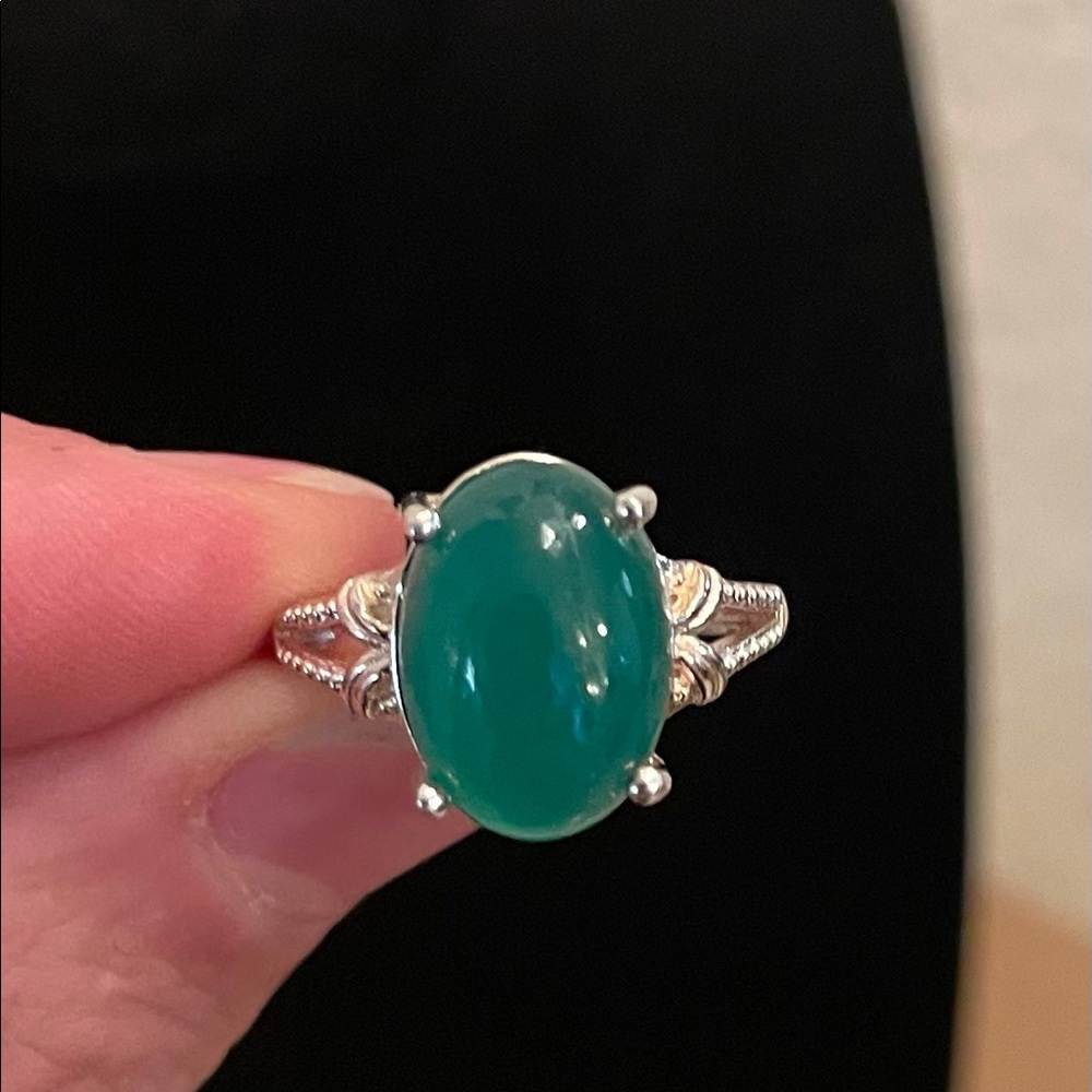 Solid Sterling Silver 925 Size 6 Emerald Cabochon… - image 1